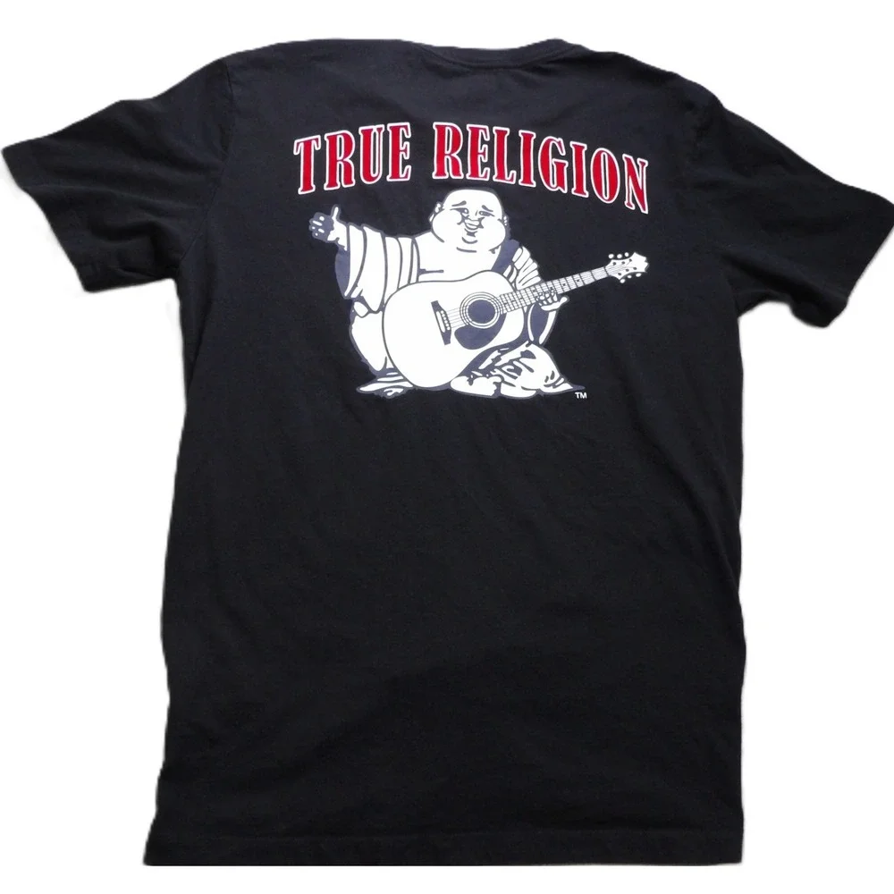 True Religion Buddha Guitar Logo Graphic Tee Men M Black Red Cotton Streetwear